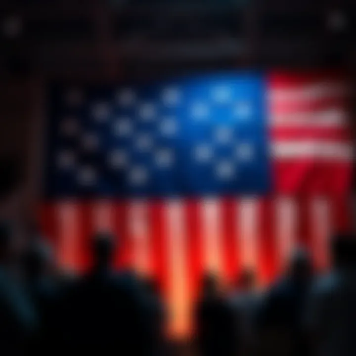 A vibrant US flag featuring 50 stars, with a backdrop of people discussing beliefs about the flag's design.