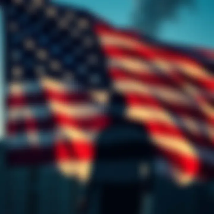 A US flag in the foreground with a shadowy figure representing conspiracy theories in the background, symbolizing controversy over the 9/11 attacks.