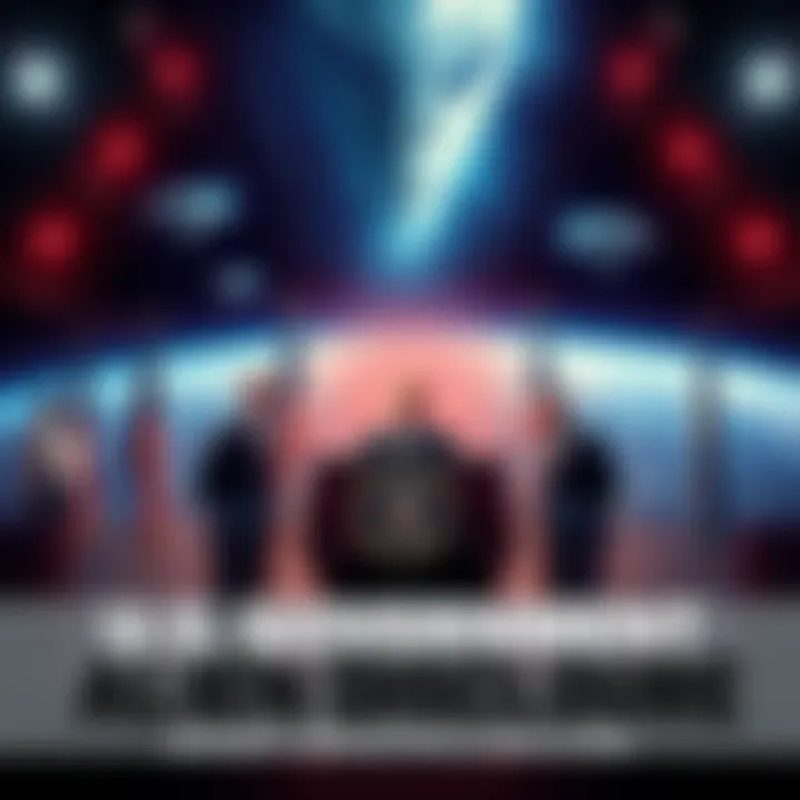U.S. Government Alien Disclosure A dramatic scene with U.S. government officials at a podium, announcing potential alien evidence to the public, with a backdrop of the Earth and alien imagery.