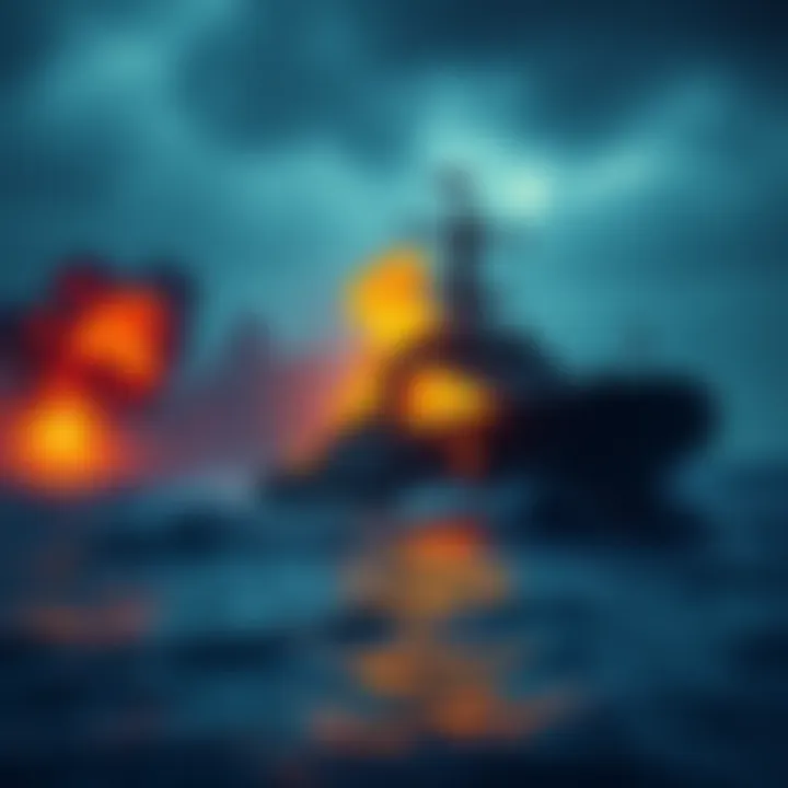 U.S. Military Action Against Iranian Ship A damaged Iranian ship sinking in the ocean during a military exercise, illustrating U.S. military aggression.