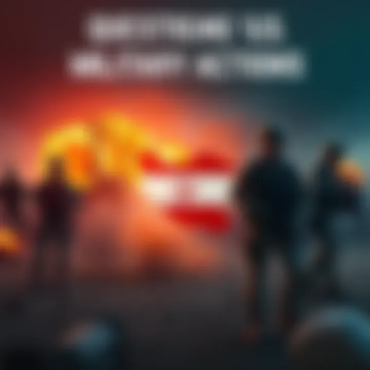 A graphic showing US military personnel and equipment in the context of military actions, with a map highlighting Iran.