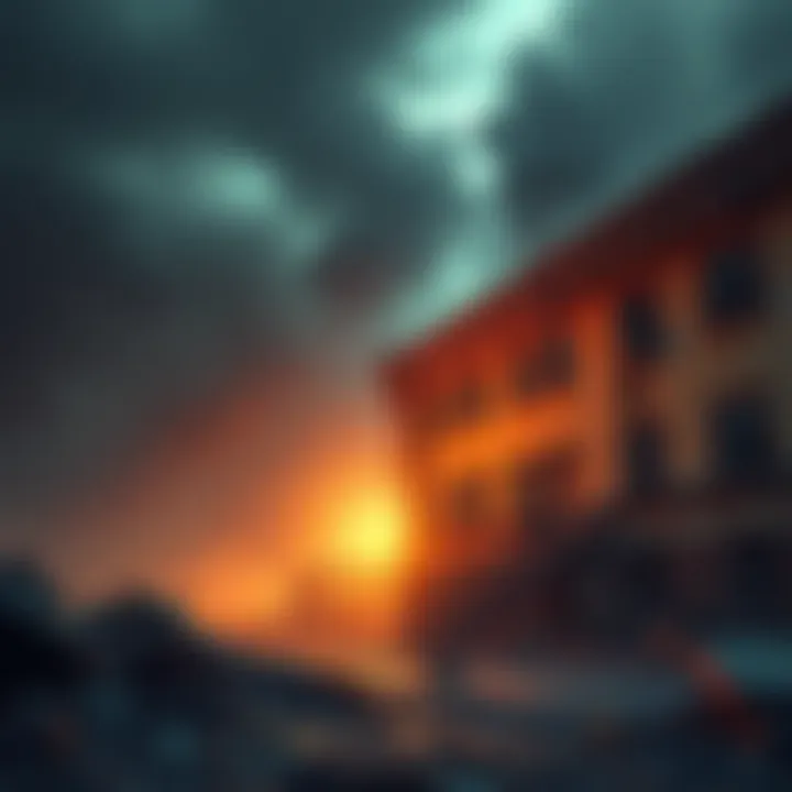 Smoke rising from a damaged school building in Iran after a bombing, with debris scattered around