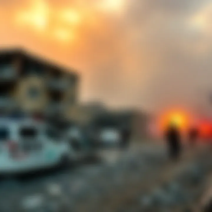 Destruction at an elementary school in Iran after a U.S. military attack, with debris scattered and emergency responders at the scene