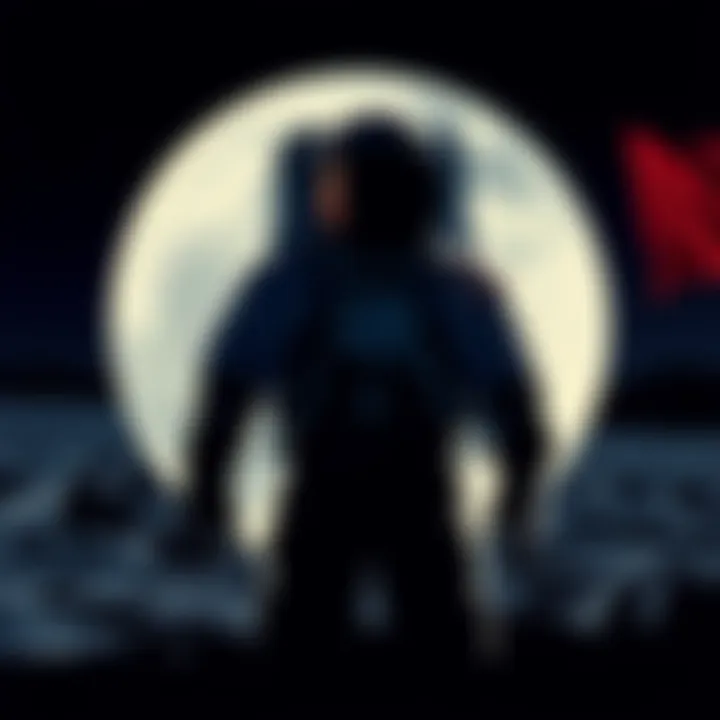 An illustration showing a split view of the Moon landing with American astronauts and a shadowy figure representing the Soviet Union, symbolizing the debate on its authenticity.