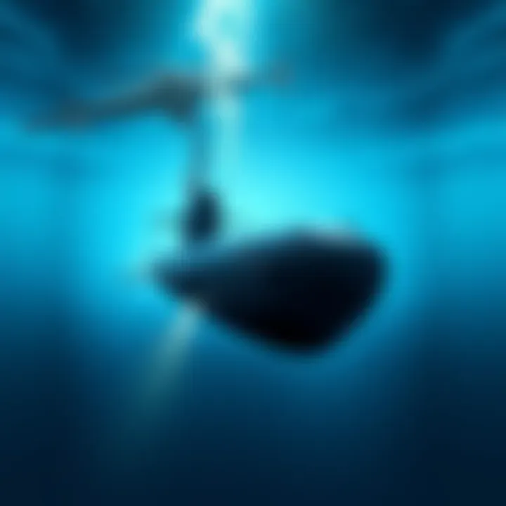 A US Navy submarine patrolling deep underwater, with indications of an unidentified presence nearby.