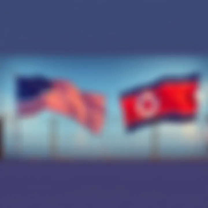 A symbolic illustration showing the US and North Korea flags with a barrier in between, representing the divide in promoting democracy.