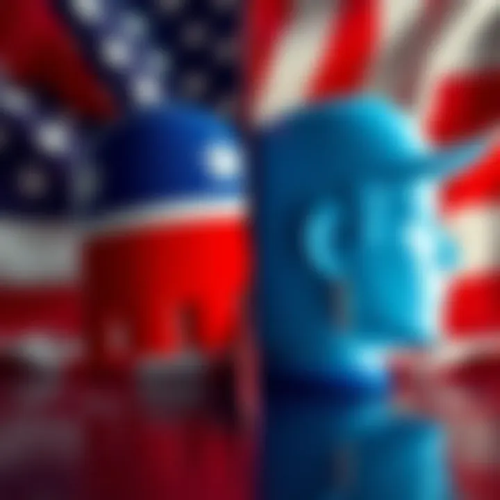 A split image showing symbols of the Democratic and Republican parties with a backdrop of an American flag, signifying division and claims of treasonous actions.