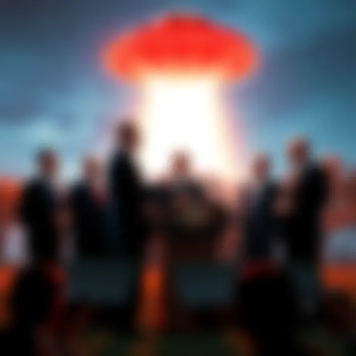 U.S. Presidents Discussing UFOs Several U.S. presidents standing at a podium, engaging with reporters about UFO sightings, with a bright night sky in the background