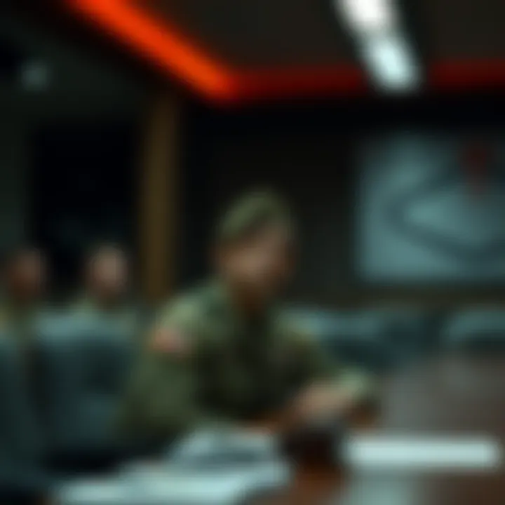 A U.S. soldier sits in a military briefing room, looking concerned as a commander discusses the Iran conflict and its possible religious implications.