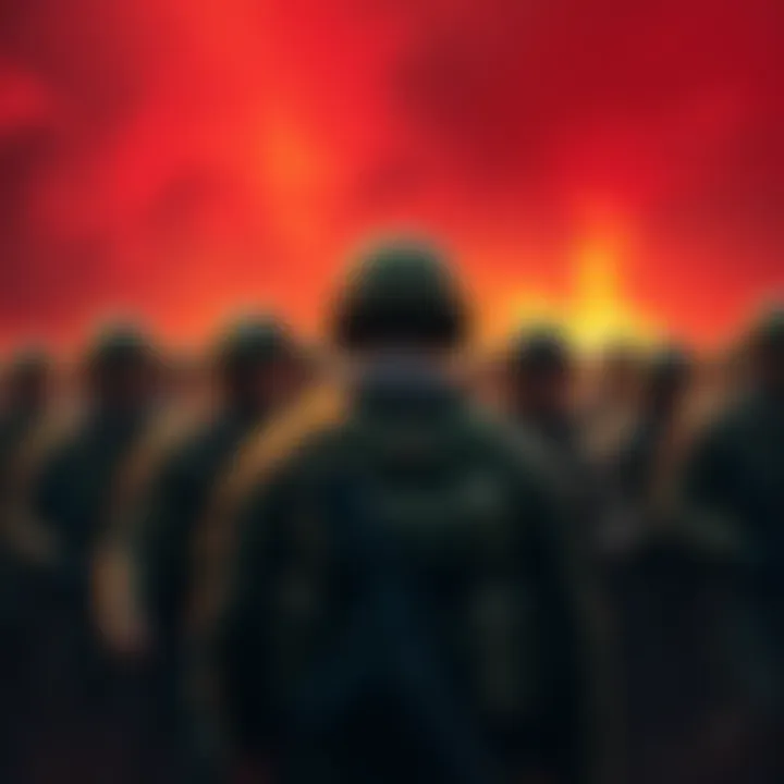 A group of American soldiers surrounded by civilians, depicting tension and distress, with a somber mood.