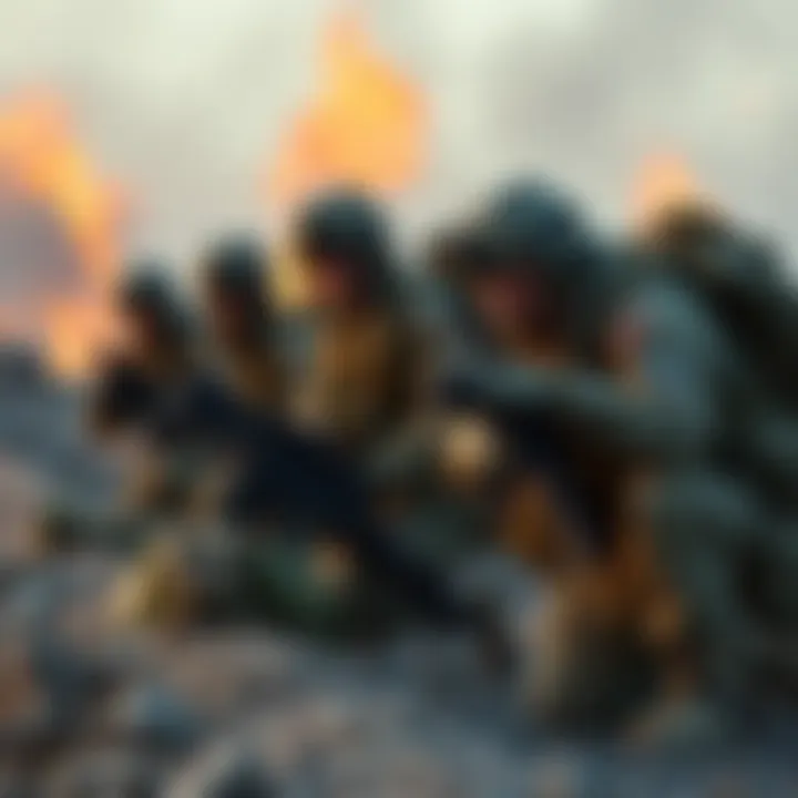 U.S. soldiers in military uniforms preparing for a mission amidst a war-torn landscape