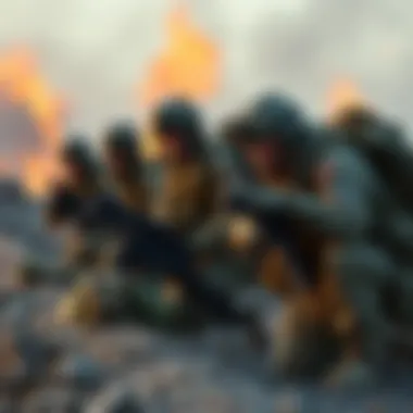 US soldiers in combat gear U.S. soldiers in military uniforms preparing for a mission amidst a war-torn landscape