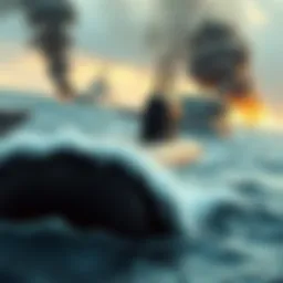 A US submarine emerging from the water after sinking an Iranian warship, smoke rising from the wreckage