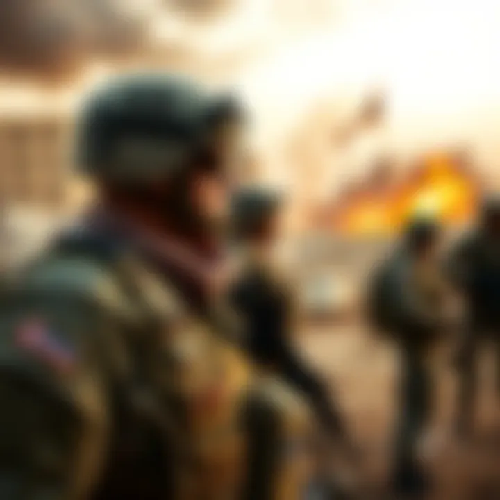 US soldiers in military gear standing in a war zone, representing the ongoing conflict and rising casualties.
