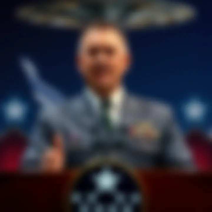 USAF General Gregory Guillot speaks about UFO data and threat assessment at a podium, with a backdrop of military insignia.