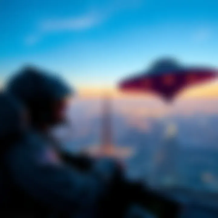 A USAF pilot in flight gear observing a large unidentified flying object in the sky above Dubai, with the city skyline visible below.