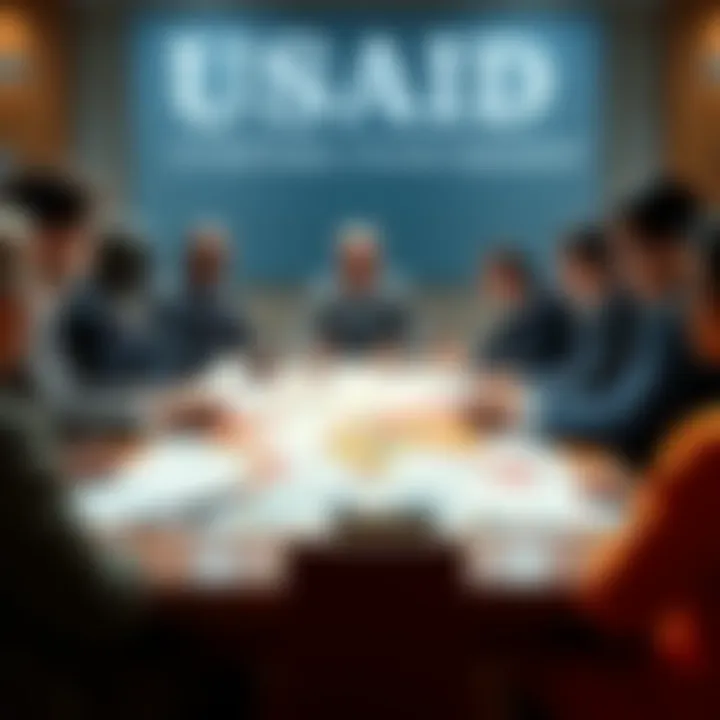 A group of people discussing the role of USAID, with maps and documents on the table, highlighting both support and criticism of the organization.