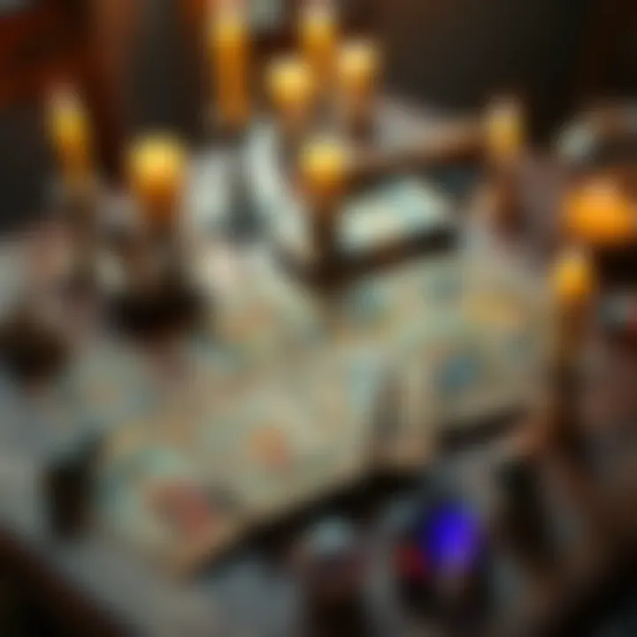 A beautifully worn Prisma Visions tarot deck spread out on a vintage table, surrounded by candles and crystals, capturing the essence of spiritual journey and exploration.