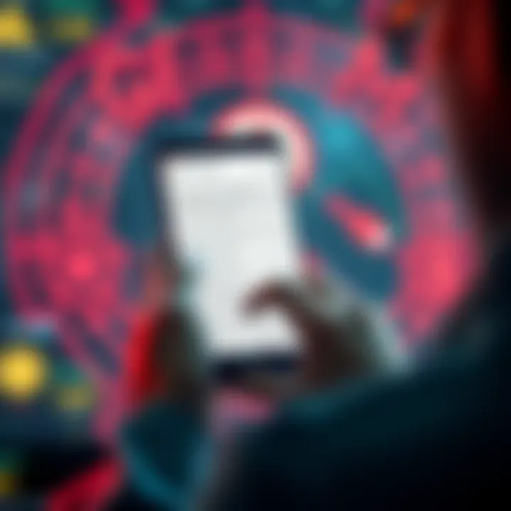 A person using a phone to translate text on a mysterious website, with cryptic symbols and words in the background, hinting at conspiracy theories.