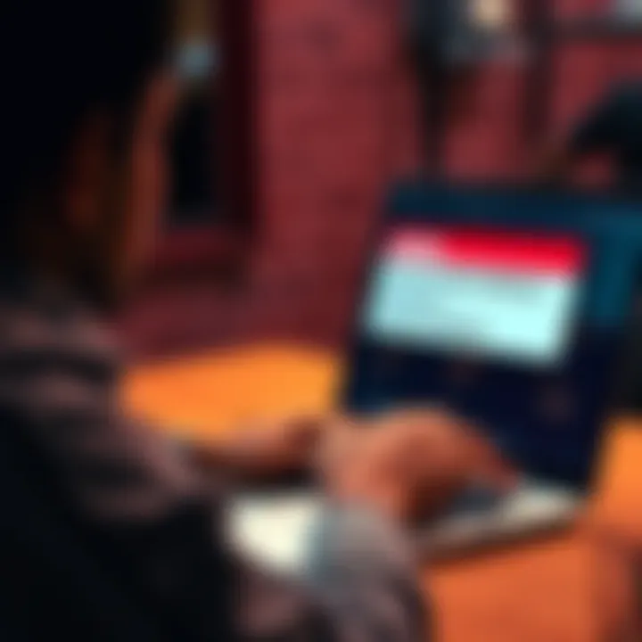 A person typing on a laptop with a warning message about a comment targeting criminals displayed on the screen.