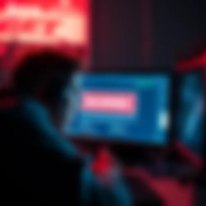 A frustrated user looking at a computer screen showing a ban notification on a talent forum.
