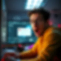 Forum user being banned for ridiculing a picture, showing a computer screen with a warning message, and a shocked expression on their face