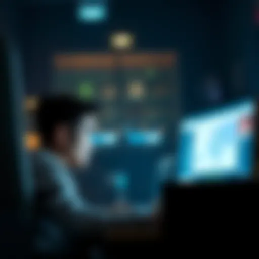 A person looking at a computer screen with a worried expression, surrounded by dark room lighting, conveying frustration over being unable to connect to Mallworld.