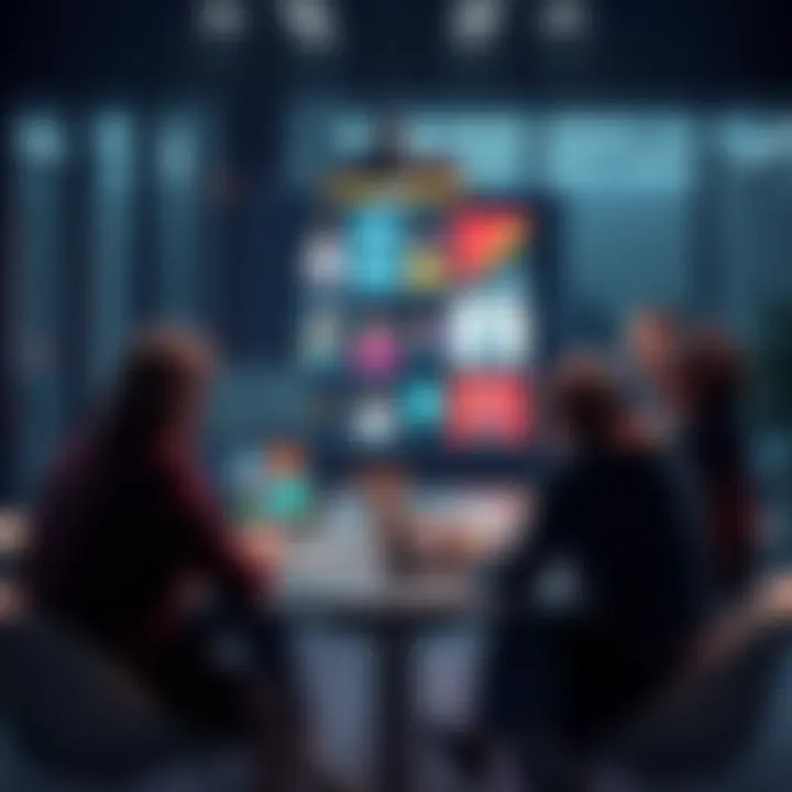 A group of diverse people sitting around a table, sharing ideas about filtering AI art submissions in a forum, with a laptop displaying AI art on the screen