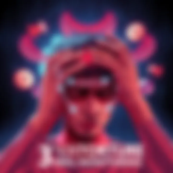 A person holding their head in distress, with digital waves and sound icons surrounding them, symbolizing V2K torture and remote monitoring