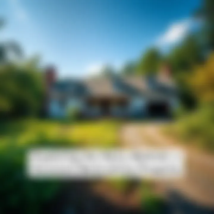 A wide view of a vacant property in the Berkshires, showing overgrown gardens and an old shed under a clear sky.