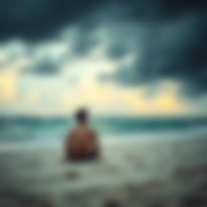 A beach scene with dark clouds overhead, showing a person with a bandaged leg sitting on the sand while rain pours down, evoking feelings of injury and bad luck during a vacation.