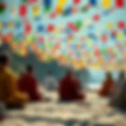 A group of people engaged in a Vajrayana Buddhist retreat, seated in meditation with colorful prayer flags in the background