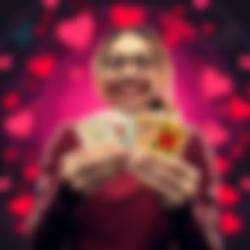 A cheerful person holding tarot cards, with hearts and zodiac symbols in the background, symbolizing love and astrology.