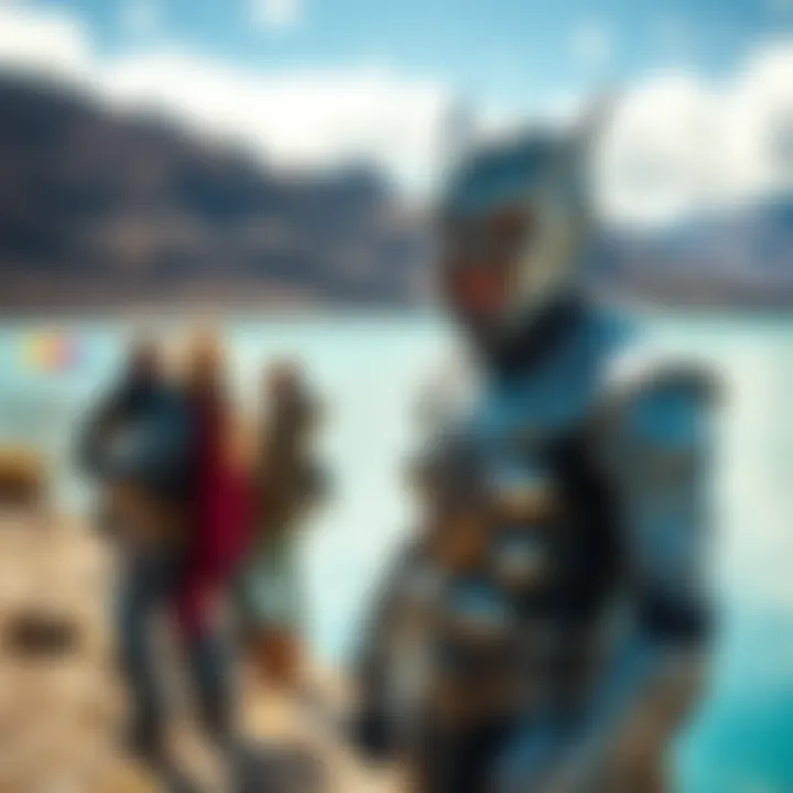 A humanoid alien named Valiant Thor stands by Lake Mead, Nevada, with a friendly expression, wearing a silver suit and communicating telepathically with a small group of people.