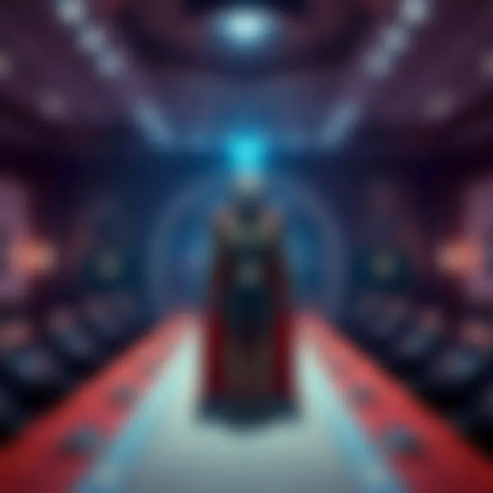 A Venusian alien named Valiant Thor stands in a meeting room at the Pentagon, speaking to military leaders about peace and nuclear disarmament.