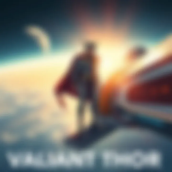 An illustration of Valiant Thor, an extraterrestrial with a tall stature and human-like features, stepping down from a gleaming spaceship. The backdrop shows a peaceful Earth landscape.