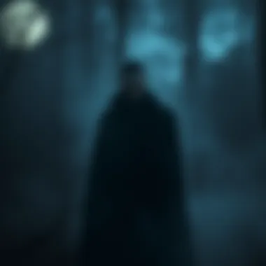 A vampire stands in a shadowy forest with piercing red eyes and fangs, surrounded by mist and moonlight