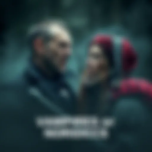 A vampire with fangs and a Nordic figure in traditional attire, both looking towards each other with curiosity in a dark, misty setting.
