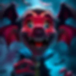 A playful vampire character showcasing sharp canine teeth, with an inviting smile and glowing eyes, surrounded by a mystical atmosphere