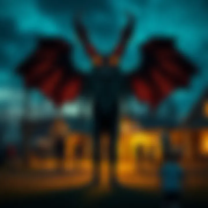 Van Meter Visitor in Iowa A creature resembling a bat-like figure with glowing eyes stands in a small Iowa town at night, surrounded by curious townsfolk.