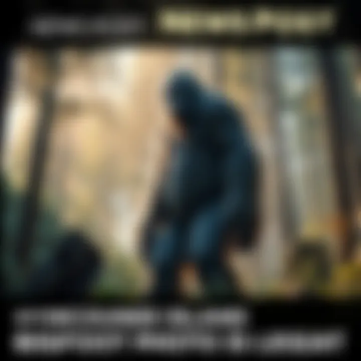 Bigfoot sighting on Vancouver Island A tall, hairy figure resembling Bigfoot stands in a forest setting, surrounded by trees and foliage