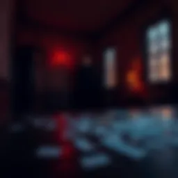 A dimly lit room with a clock ticking, scattered notes on a table, and a shadowy figure whispering in the background