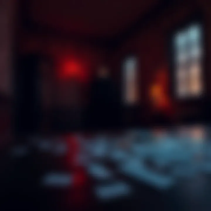 A dimly lit room with a clock ticking, scattered notes on a table, and a shadowy figure whispering in the background