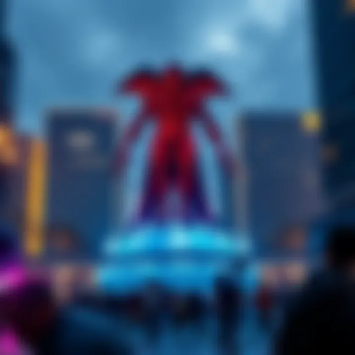 A large 4-meter statue of the Varginha alien, showcased in a public square, surrounded by people celebrating.