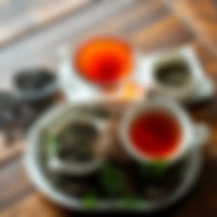 Various types of tea A selection of different types of tea leaves and brewed tea in cups on a wooden table