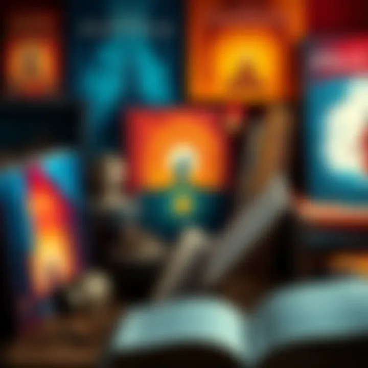 A collection of books and film posters showcasing Advaita Vedanta themes, representing ancient wisdom and philosophy.