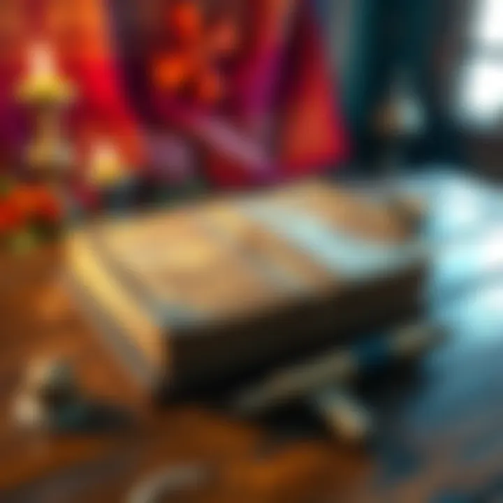 An ancient manuscript of the Vedas displayed on a wooden table, with traditional Indian decorations around it.