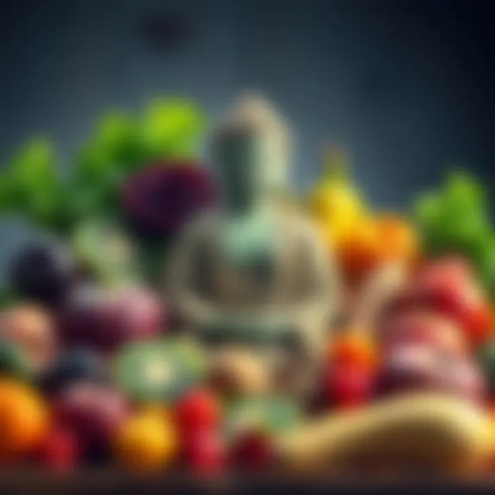 A serene Buddha figure surrounded by fresh vegetables and fruits, symbolizing the connection between veganism and Buddhism.