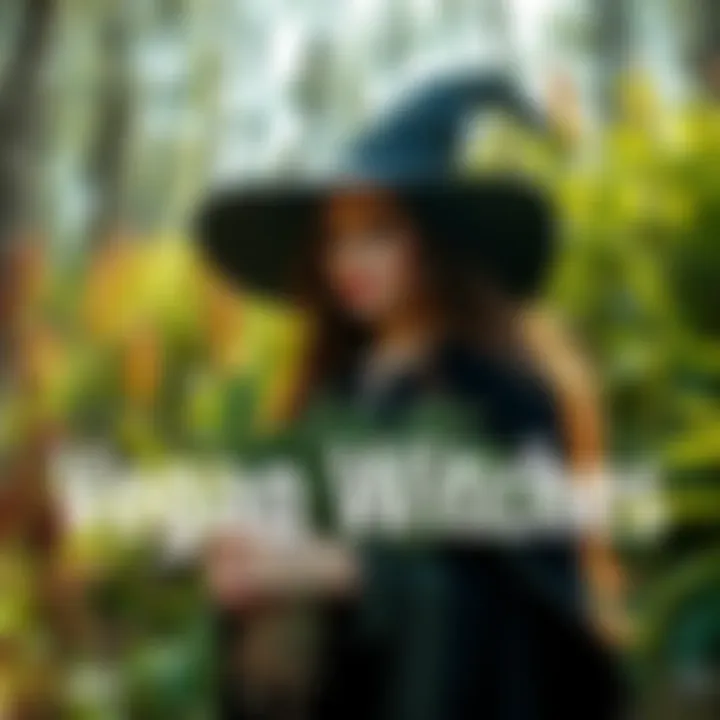 A woman dressed as a witch holding herbs in a forest, surrounded by plants and nature