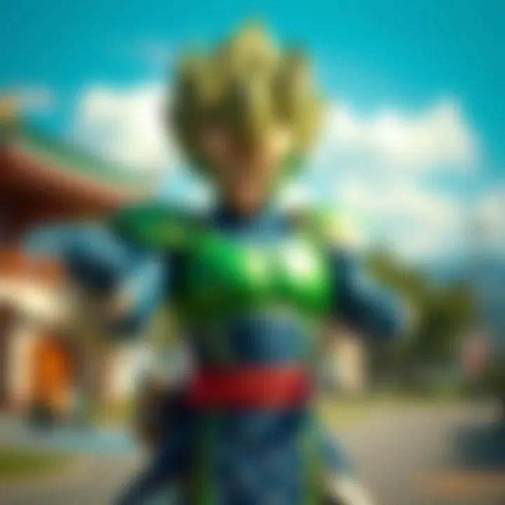 A fierce warrior in green and blue armor channeling the spirit of Vegeta, demonstrating a determined pose outdoors to keep bees away.